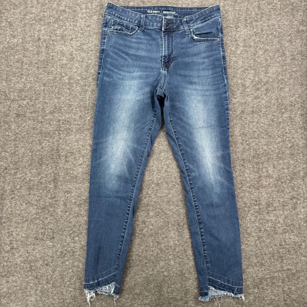 Old Navy Rockstar Mid-Rise Skinny Jeans Medium Wash Raw Frayed Step Hem Size 8